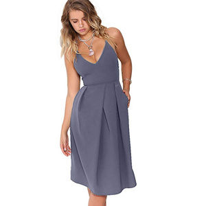 Elia Cher V Neck Blue Midi Dress with Pockets